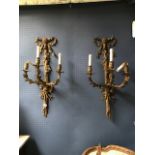 Pair of Regency ormolu 3 branch wall lights with ribbon & foliate decoration, 78cmL