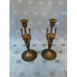 Pair of C19th elegant bronze slender circular candlesticks decorated with swags of flowers & mask