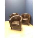 Set of 3 contemporary brown leatherette tub armchairs