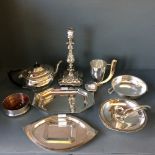 Silver plated wine coaster, Victorian style plate candlestick & qty of various plate