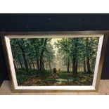 Oil on board of an oak forest scene with plaque to frame: 'by IVAN SHISHKIN' (reproduction in oils),