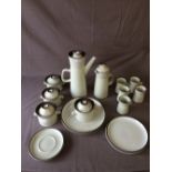 Denby service of 7 soup bowls, coffee pot, 4 coffee cups, saucers, side plates & dinner plates etc.