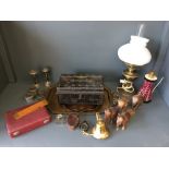 Qty of various collectables, Cary of London compass, brass bell, 2 lamps & trays etc.