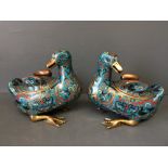Pair of Chinese blue cloisonne ducks, the backs & wings as covers, 16cmH