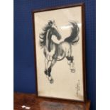 XU BEI HONG, framed and glazed black & white print of a prancing horse, Early Spring, 73x40cm