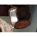 C19th Dutch marquetry oval tray, a tole tray, a silver plate tray & a modern Butler's tray on a