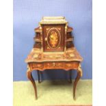 Good ladies walnut Dutch marquetry desk with a cupboard and shelved back, a single drawer on