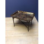 C19th papier mache & ebonised tray on stand with floral decorated top, 52cmH