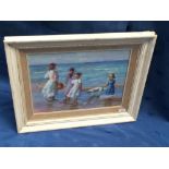 Framed oil painting study of children with dog paddling at the seaside, 30x40cm