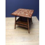 Chinese hardwood, ivory inlaid two tier table decorated with figures, insects, pagoda & foliage on