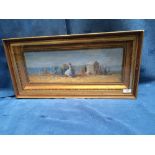 An extensive oil painting of a Victorian beach scene with figures, parasols and beach hut, 15.5x46.