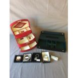 Mele red leather jewellery box, black leather collar & stud box and various collectables