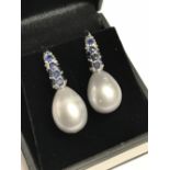 Pair of silver freshwater pearl & sapphire drop earrings