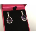 Pair of 18 carat yellow gold, amethyst & diamond pear shaped drop earrings