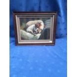 Oil painting study of Jack Russell and puppy at rest, oak framed, 29.5x40cm