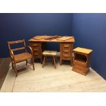 Edwardian oak pedestal desk, oak armchair, pine bedside cabinet & pine stool