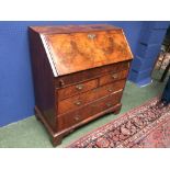 C18th cross banded walnut bureau with fitted interior above 2 short & 2 long graduated drawers on