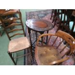 Victorian oak armchair, ladder back rush seat chair & Edwardian oak occasional table