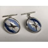 Pair of silver cufflinks enamel set with spitfire motif