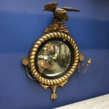 Regency giltwood convex wall mirror with eagle cresting & pair of sconces, 97cmH