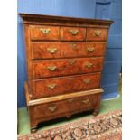 C18th cross banded walnut chest on stand, 3 short & 3 long graduated drawers between reeded canted