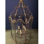 Good large brass hall lantern, 7 sided with curved glass panels, 51cm diam x 100cmH (to hanging