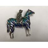 Silver Plique A Jour horse & jockey brooch