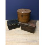 Vintage metal hat box, small wooden and metal bound chest & black metal box