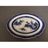 Oval blue & white plate with lightly fluted rim, 35x27cm