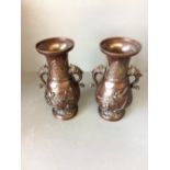 Pair of Japanese late C19th bronze twin handled vases & a straw coolie hat believed to be from