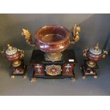 Garniture set with classical French marble, Champleve enamel mantle clock with marble bowl above.