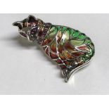 Silver Plique A Jour cat brooch with ruby collar