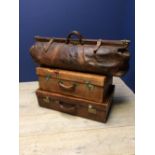 2 vintage brown leather suitcases & large brown leather Gladstone bag