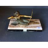 1930's style metal figure of a female archer on a marble & onyx base, 16Hx28Wcm
