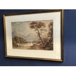 C19th English School watercolour of a Highland landscape with river crossing and figure in