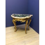 C18th giltwood console table of shaped outline with specimen marble top on 'C' scroll capped