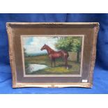 Gilt swept framed equine oil painting study of a horse in a wooded meadow, 26x56cm