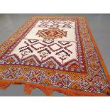 Vintage Moroccan rug in orange, cream & blue stylized zigzag design, 2.20x1.47 metres