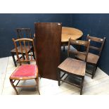 C19th mahogany dining table comprising a pair of D ends and a central leaf, 3 C19th dining chairs,
