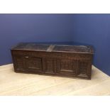 C18th/C19th inlaid and carved oak panelled coffer, 54cmH x 160cmL