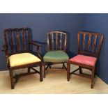 George III mahogany elbow chair & 2 C19th mahogany dining chairs