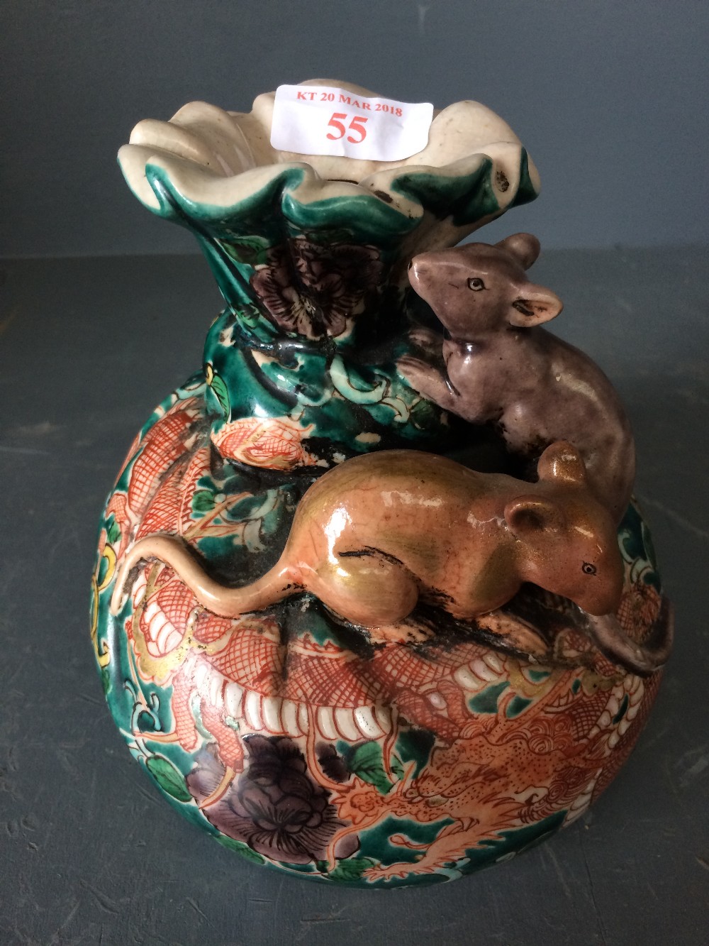 Chinese pottery famille verte vase decorated with mythical dragon surmounted by 2 rats