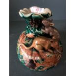 Chinese pottery famille verte vase decorated with mythical dragon surmounted by 2 rats