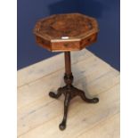 C18th & later mahogany tripod table, the octagonal oyster veneered top fitted frieze drawers on