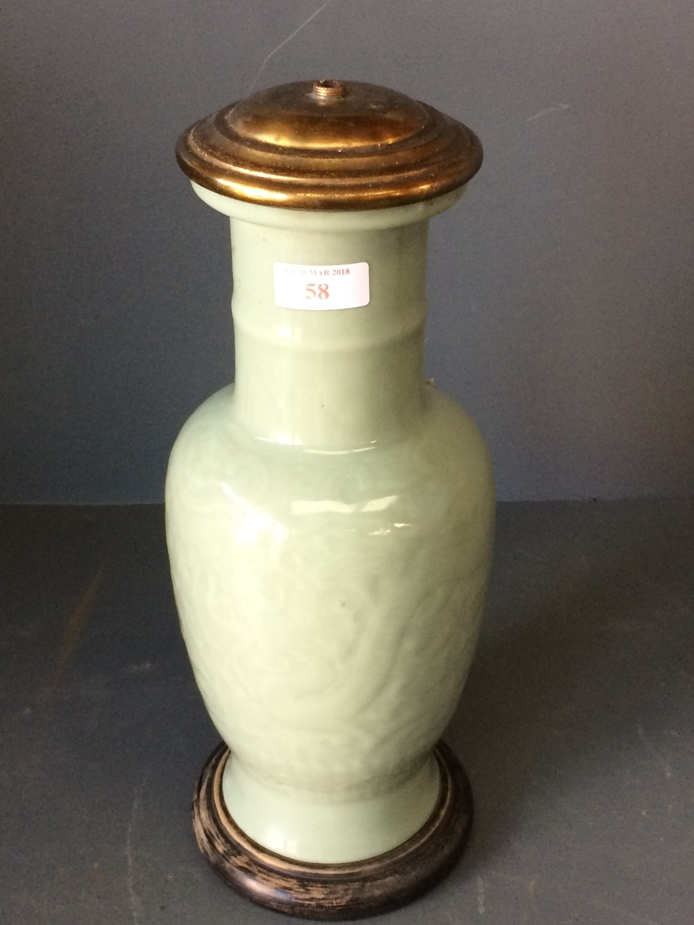 Chinese celadon glazed table lamp moulded with swirls