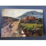 Irish School (?) Rural landscape with figures & geese, monogrammed 'I.M.W.', oil on board