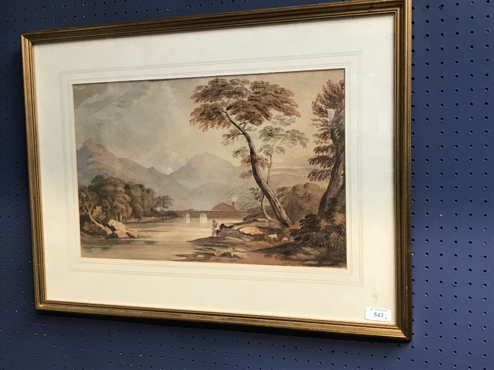 C19th English School watercolour of a Highland landscape with river crossing and figure in