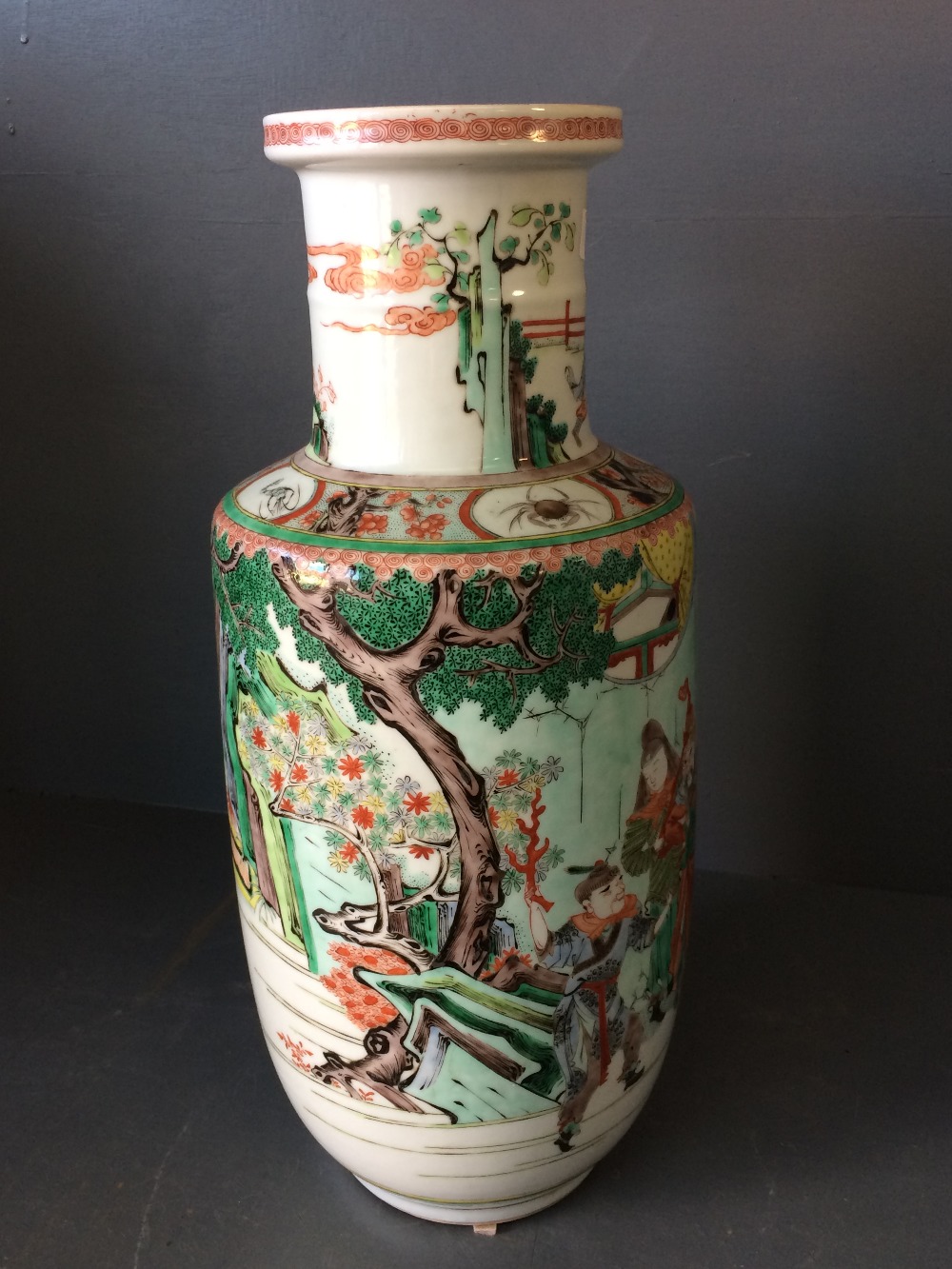 Late C19th Chinese famille verte rouleau vase, decorated with nobleman, courtiers, elephant &