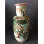 Late C19th Chinese famille verte rouleau vase, decorated with nobleman, courtiers, elephant &