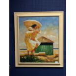 Studio framed, signed oil painting of 'Ladies beside a beach hut, sea gazing' 61x52.5cm